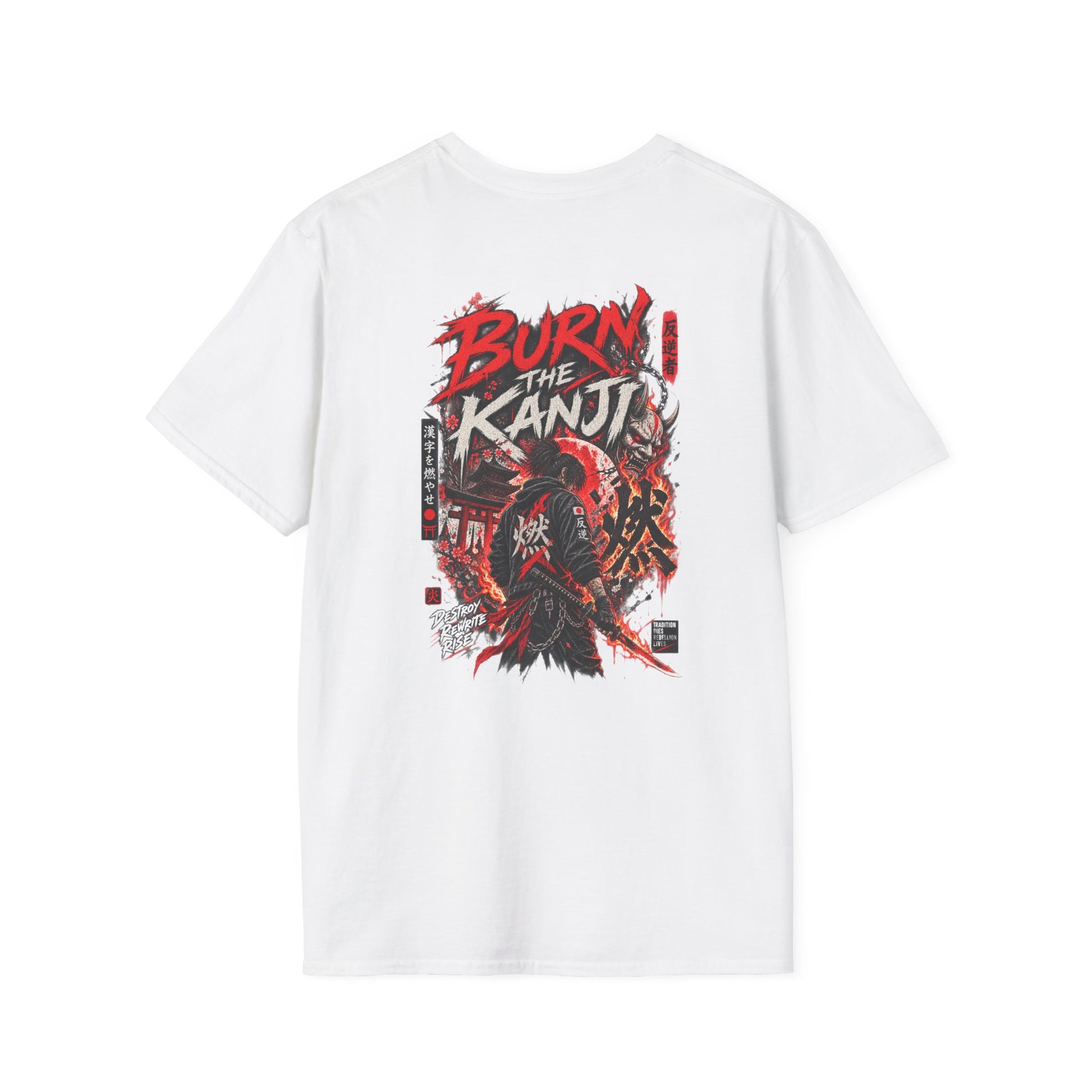 Burn The Kanji T-Shirt weiss — Samurai Kanji Graphic Tee Japanese Streetwear Geschenk