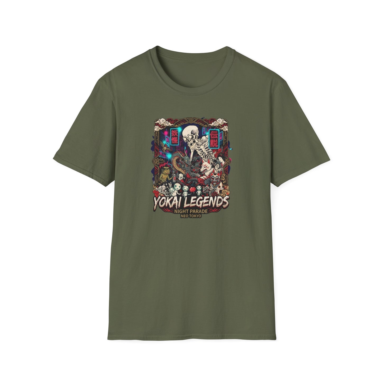 Night Parade Yokai T-Shirt Military Green — Japanese Streetwear Vorderansicht
