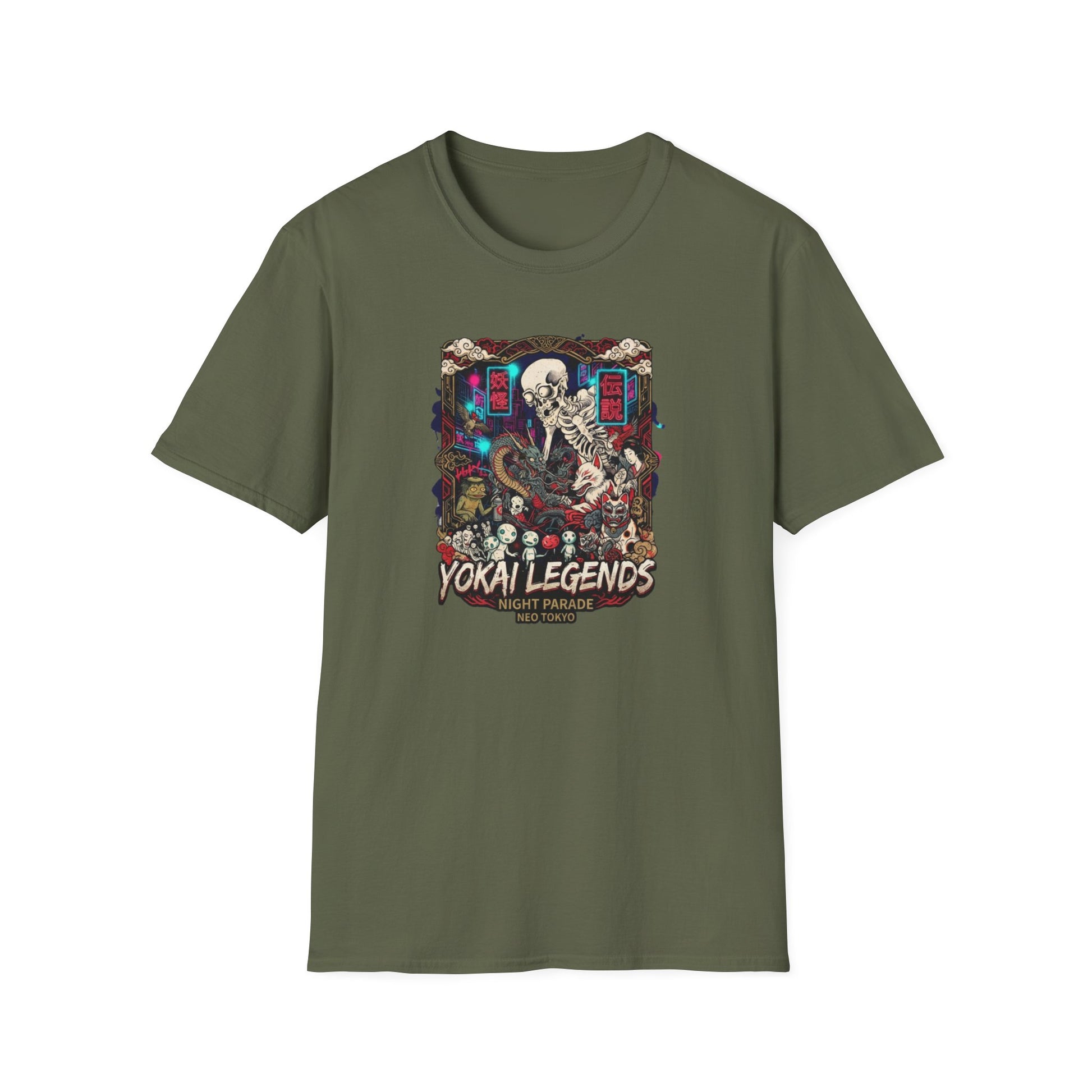 Night Parade Yokai T-Shirt Military Green — Japanese Streetwear Vorderansicht