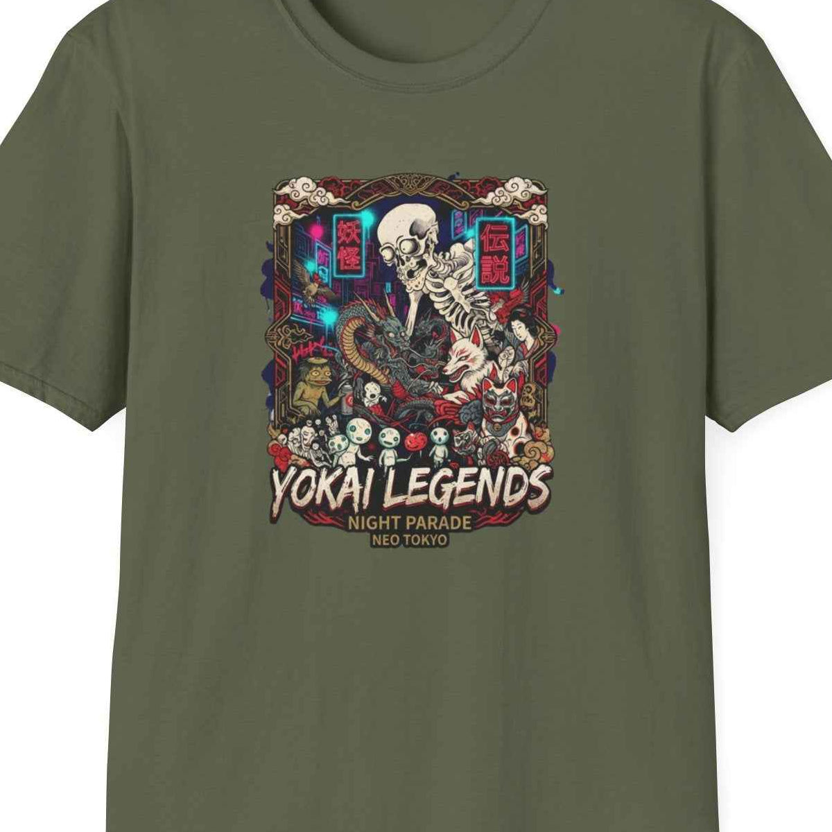 Night Parade Yokai T-Shirt – Japanese Streetwear Skelett Motiv Herren Damen – Design Nahaufnahme