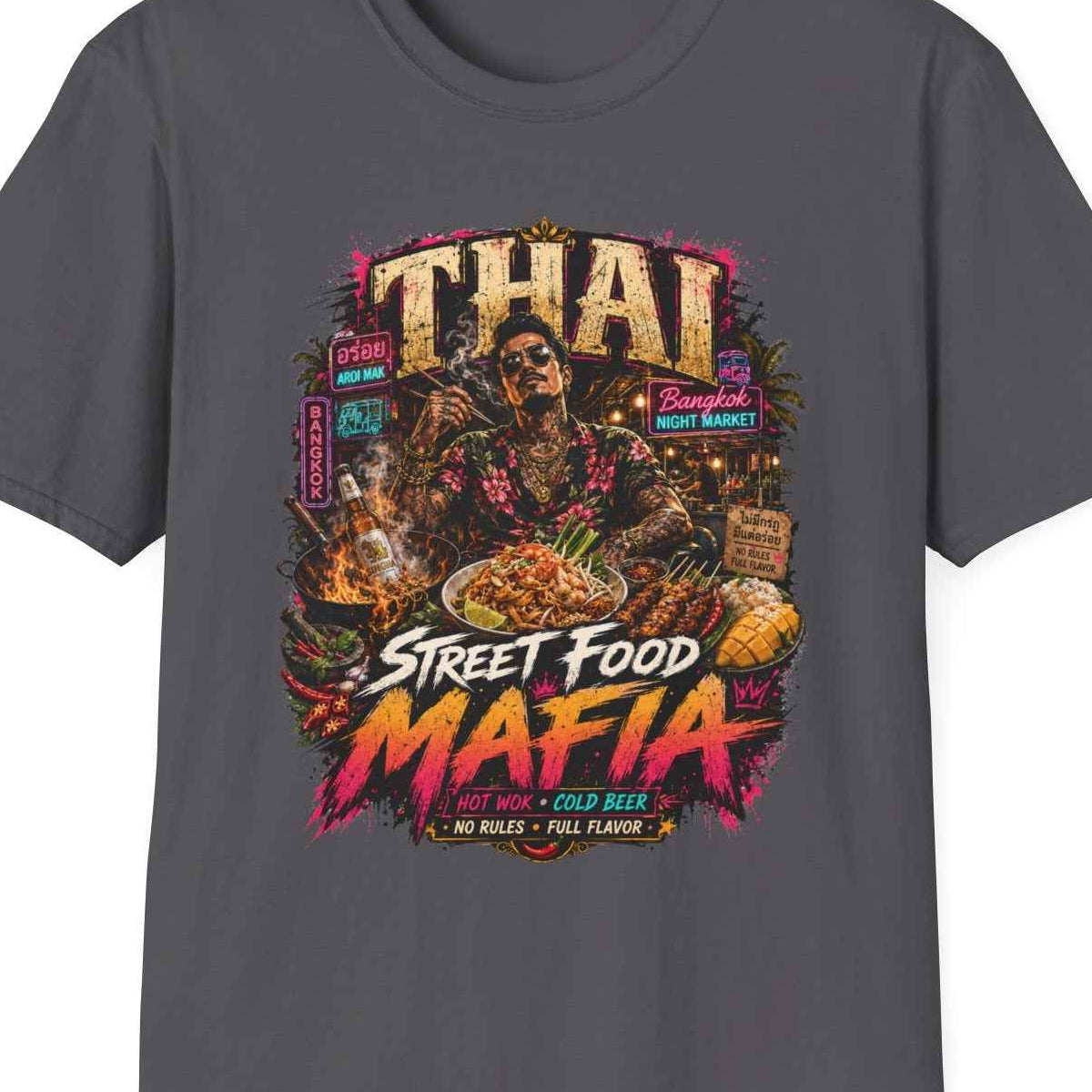Thai Street Food Mafia T-Shirt dunkelbraun Thailand Foodie Pad Thai Streetwear Geschenk – Design Nahaufnahme