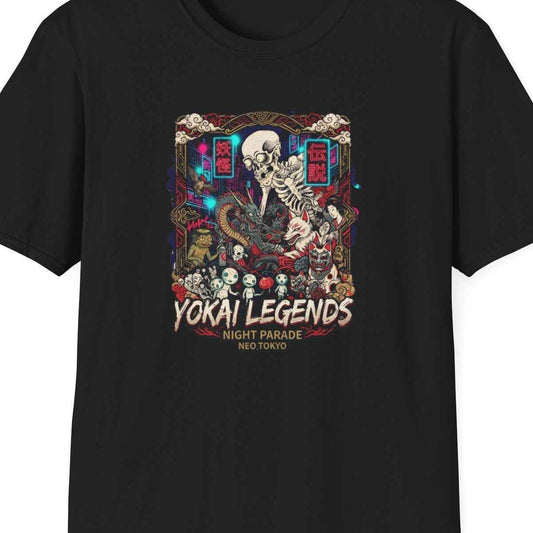 Night Parade Yokai T-Shirt – Japanese Streetwear Skelett Motiv Herren Damen – Design Nahaufnahme