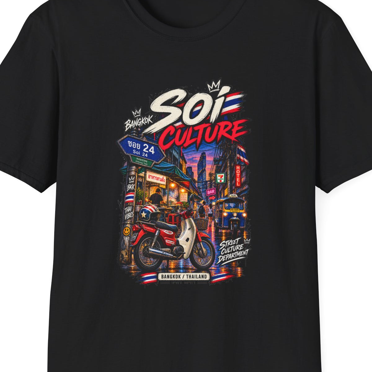 Bangkok Soi Culture T-Shirt Schwarz — Thai Streetwear Vorderansicht – Design Nahaufnahme