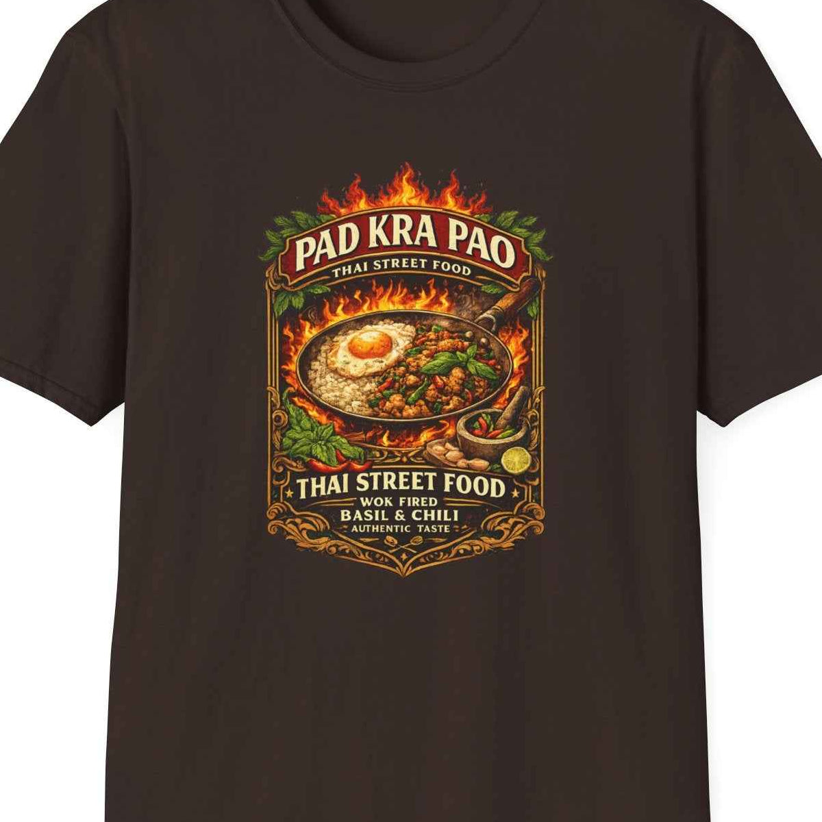 Pad Kra Pao T-Shirt Dark Chocolate braun Thai Food Graphic Tee Unisex – Design Nahaufnahme