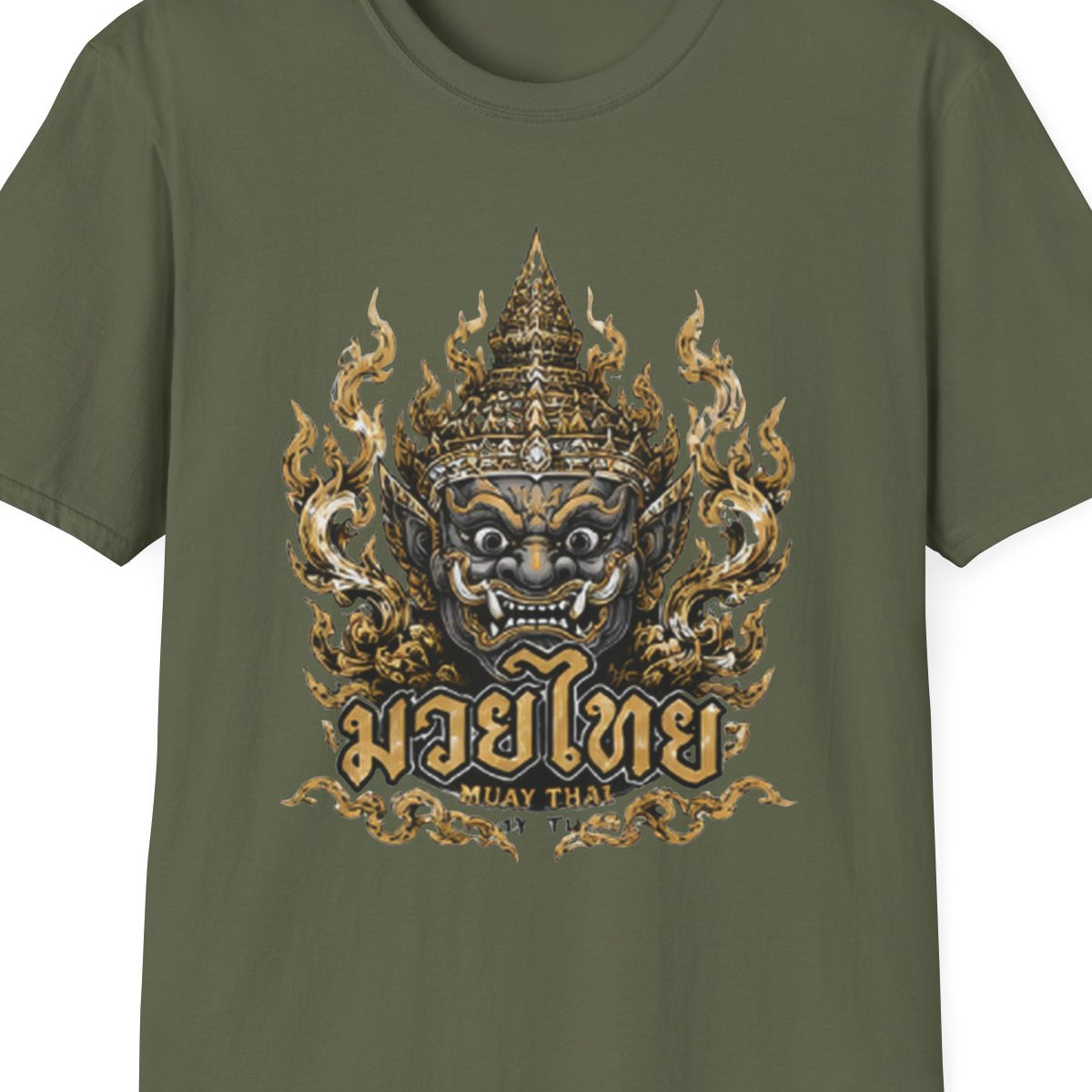 Muay Thai Yaksha Guardian T-Shirt – Thai Boxing Streetwear Dämonen Maske Graphic Tee – Design Nahaufnahme