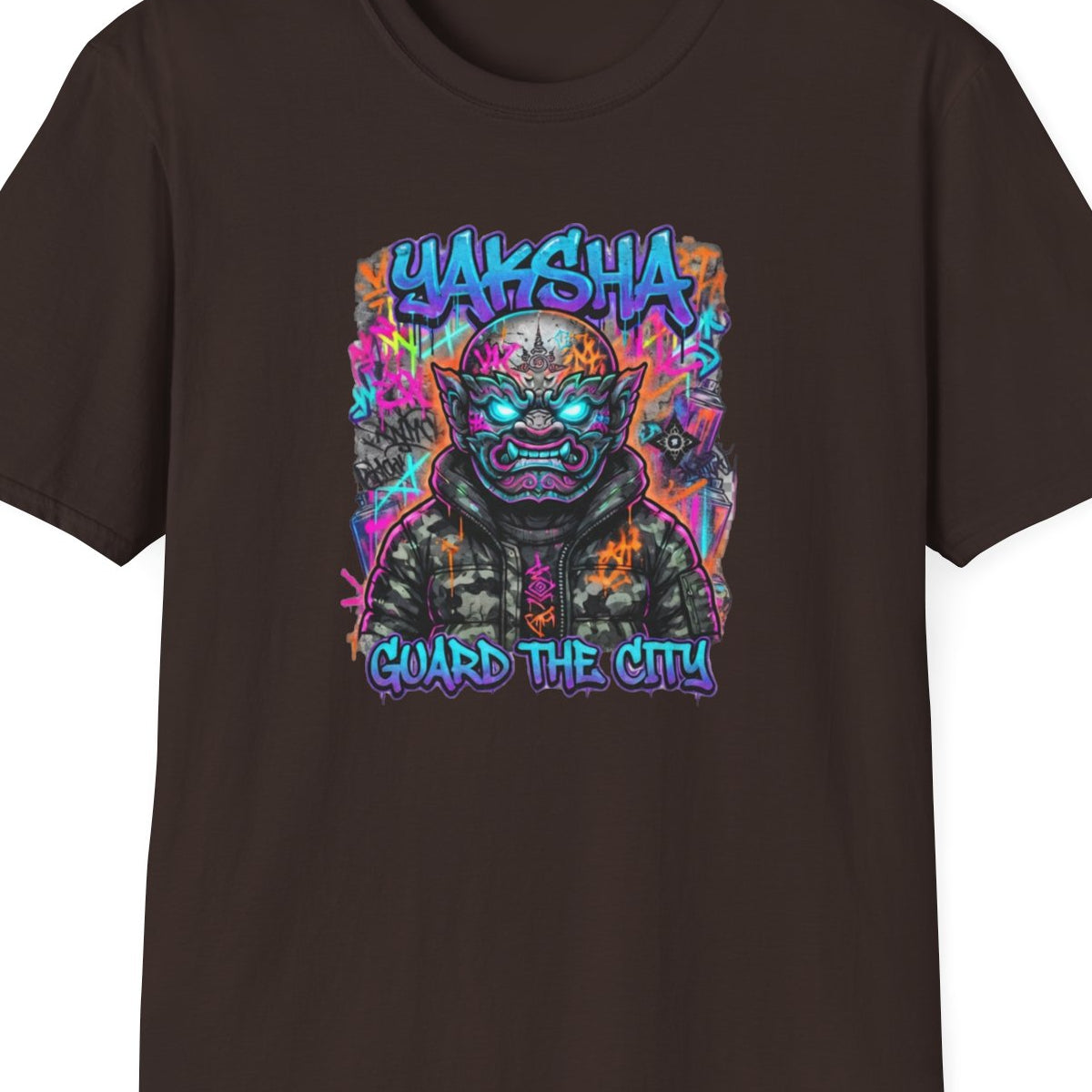 Yaksha T-Shirt Dark Chocolate — Neon Dämon Streetwear Vorderansicht – Design Nahaufnahme