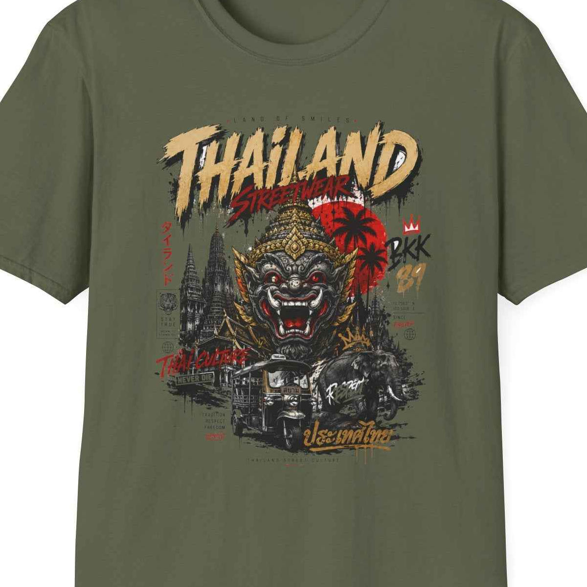 Thailand Streetwear T-Shirt — Bangkok Tempel & Elefant Herren Damen – Design Nahaufnahme