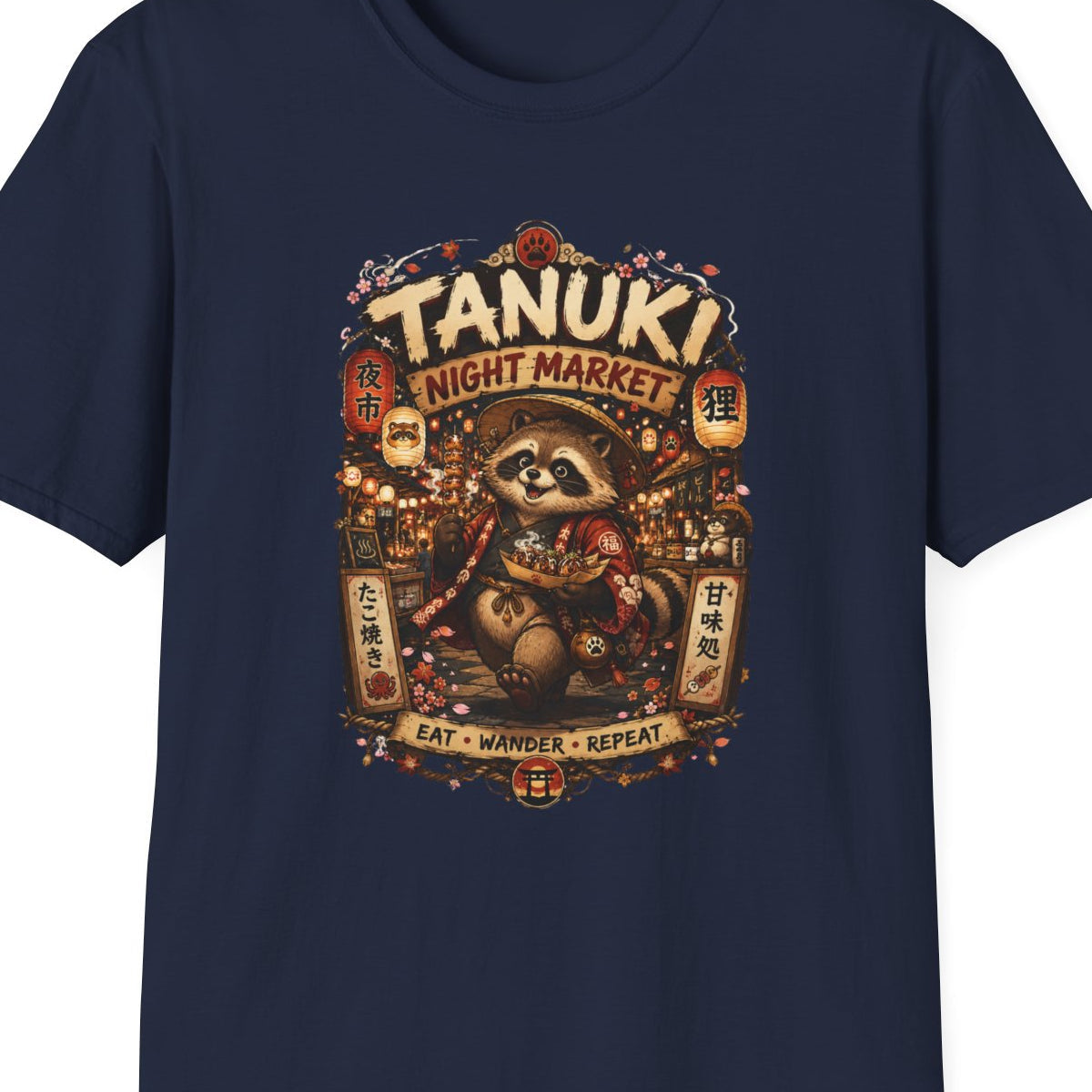 Black Tanuki Night Market T-Shirt – Design Nahaufnahme