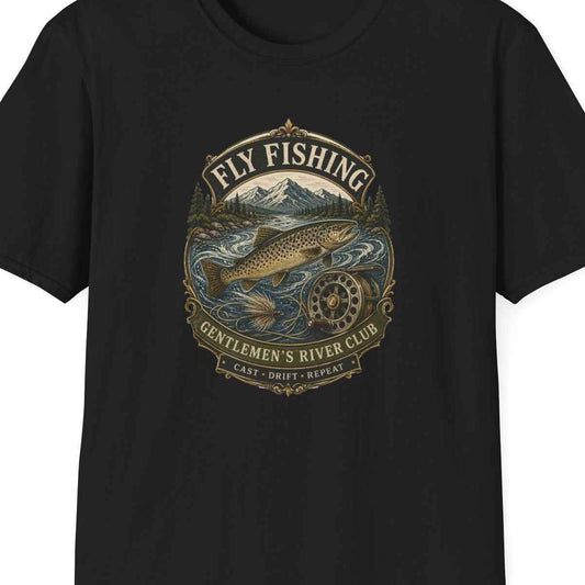 Fly Fishing Gentlemen's River Club T-Shirt schwarz — Fliegenfischen Geschenk mit Forellen Vintage Badge – Design Nahaufnahme