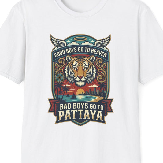 Bad Boys Pattaya T-Shirt weiss Tiger Thailand Graphic Tee Streetwear Geschenk – Design Nahaufnahme