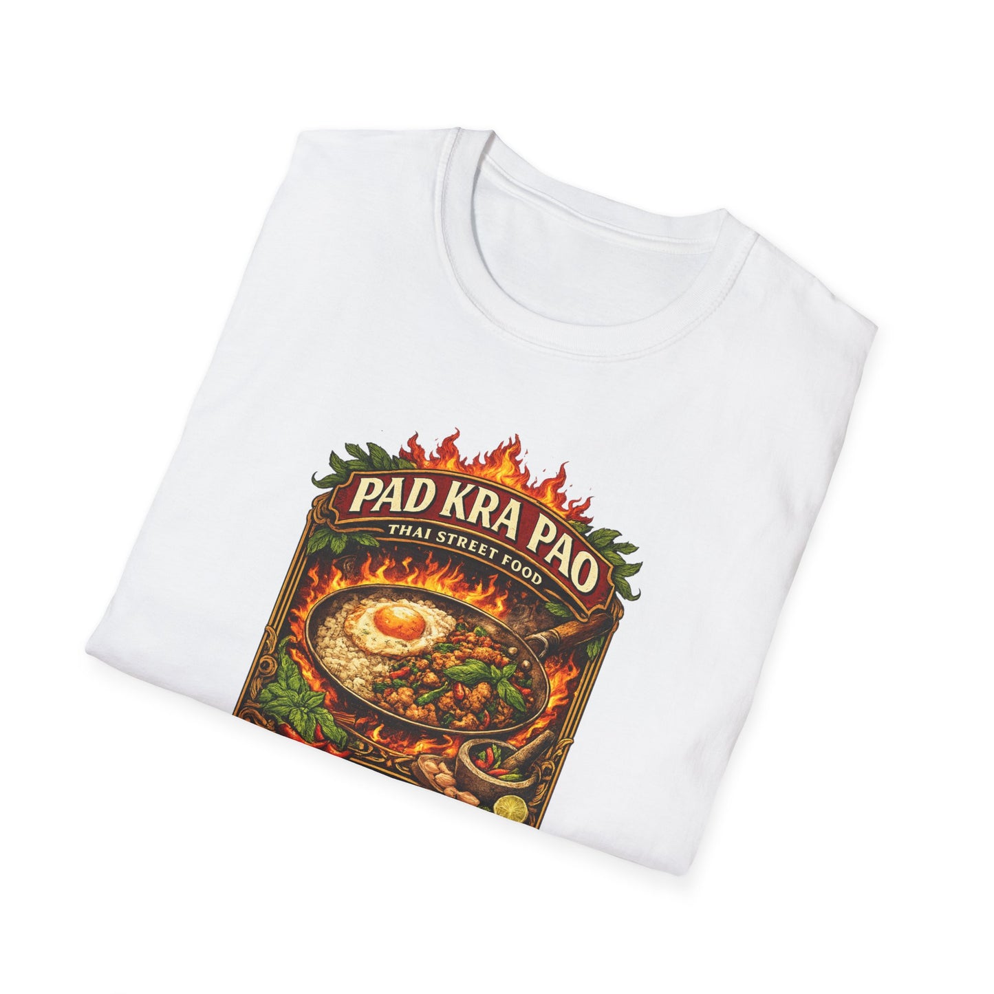 Pad Kra Pao T-Shirt weiß gefaltet Thai Street Food Streetwear Detail
