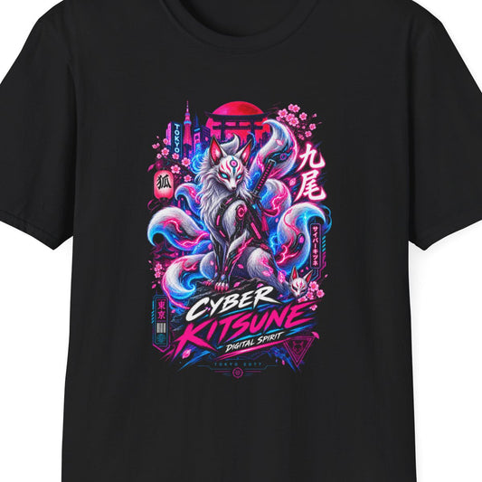 Sakura Kitsune T-Shirt Black — Cyberpunk Fox Streetwear Vorderansicht – Design Nahaufnahme