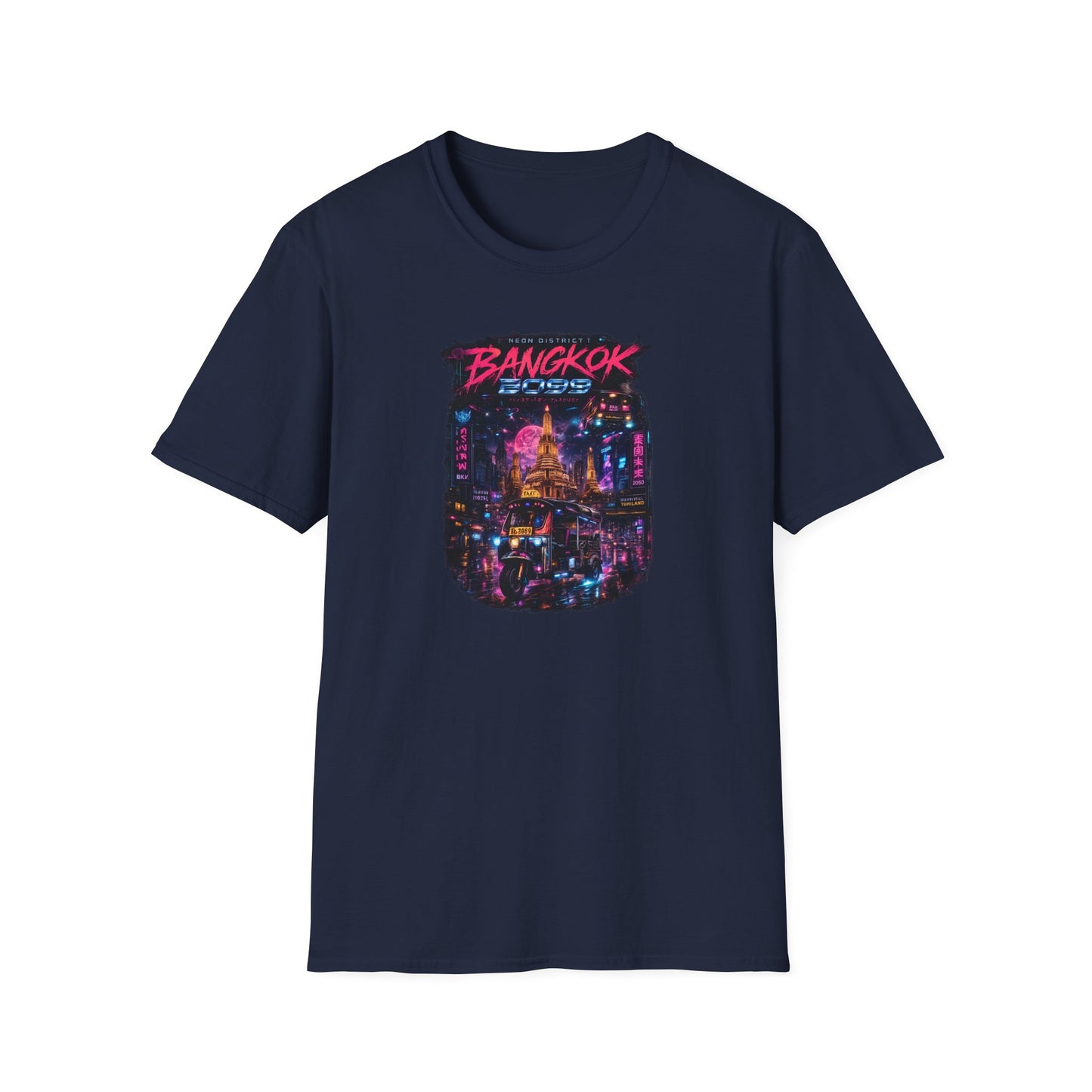 Bangkok 2099 T-Shirt Print Detail — Neon Tempel Kragen Nahaufnahme