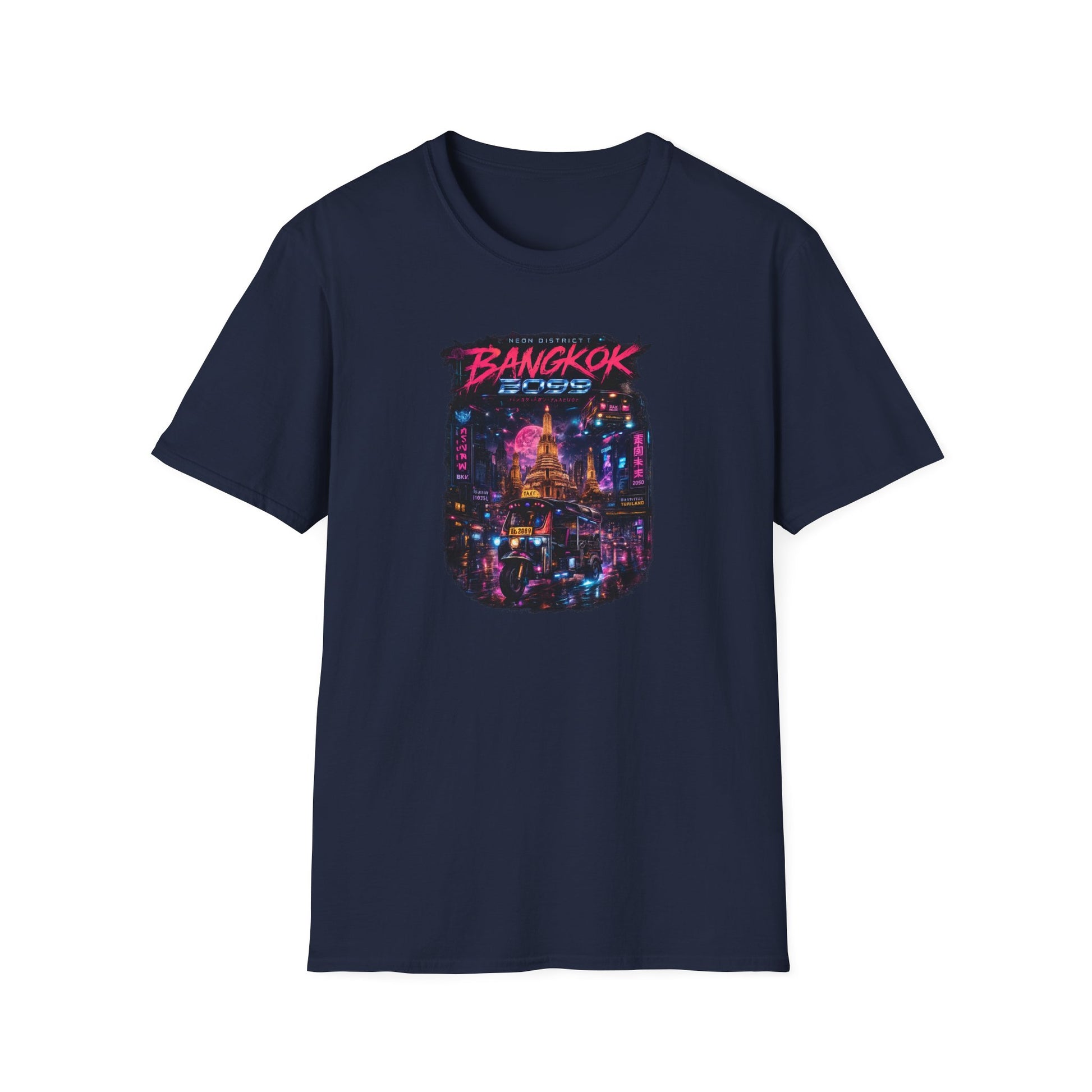 Bangkok 2099 T-Shirt Print Detail — Neon Tempel Kragen Nahaufnahme