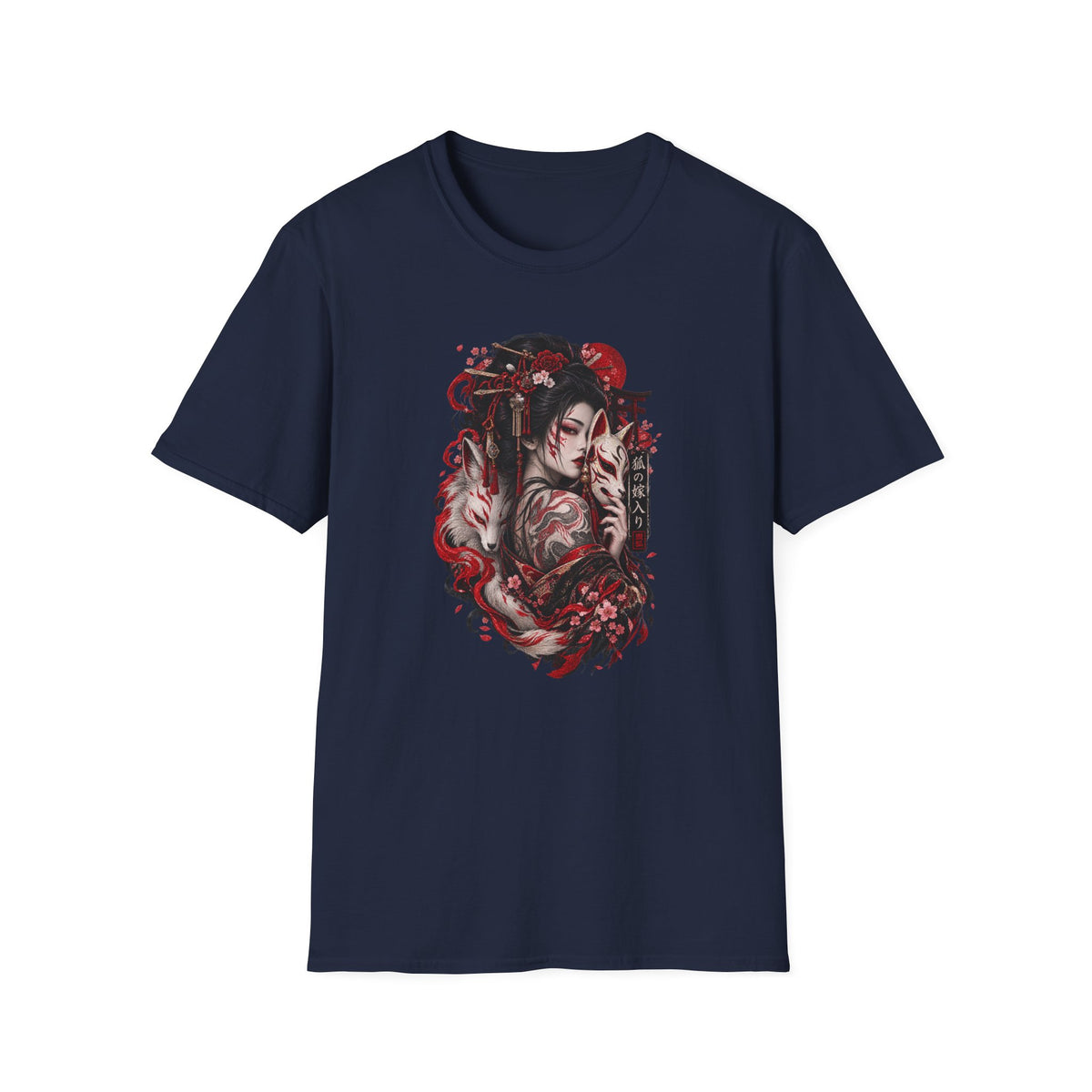 Geisha Kitsune T-Shirt Navy — Japanische Streetwear Vorderansicht