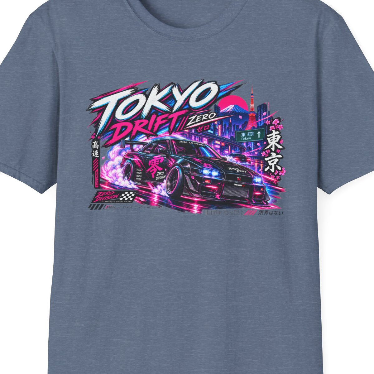 Heather Indigo Tokyo Drift Zero T-Shirt – Design Nahaufnahme