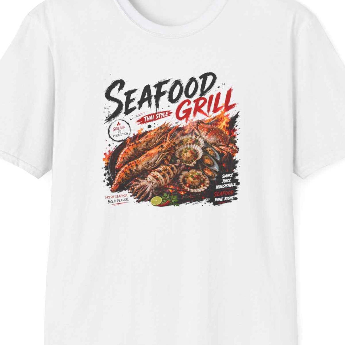 Weiß Seafood Grill T-Shirt – Design Nahaufnahme