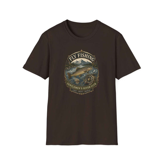 Fliegenfischen T-Shirt braun — Fliegenfischer Geschenk Forelle Vintage Design Vorderansicht