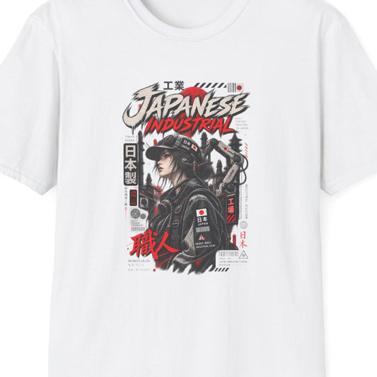 White Japanese Industrial T-Shirt – Design Nahaufnahme