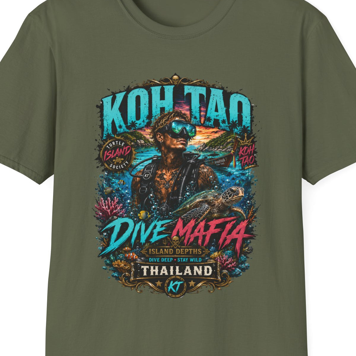 Koh Tao Dive Mafia T-Shirt militärgrün Scuba Diving Thailand Streetwear Geschenk – Design Nahaufnahme