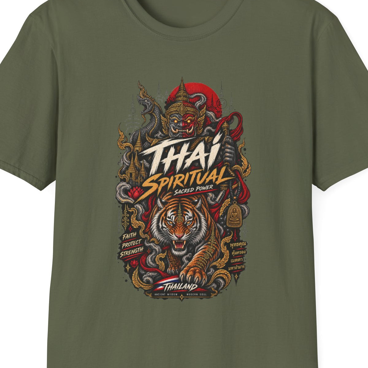 Thai Spiritual T-Shirt Military Green - Thai Streetwear Vorderansicht – Design Nahaufnahme