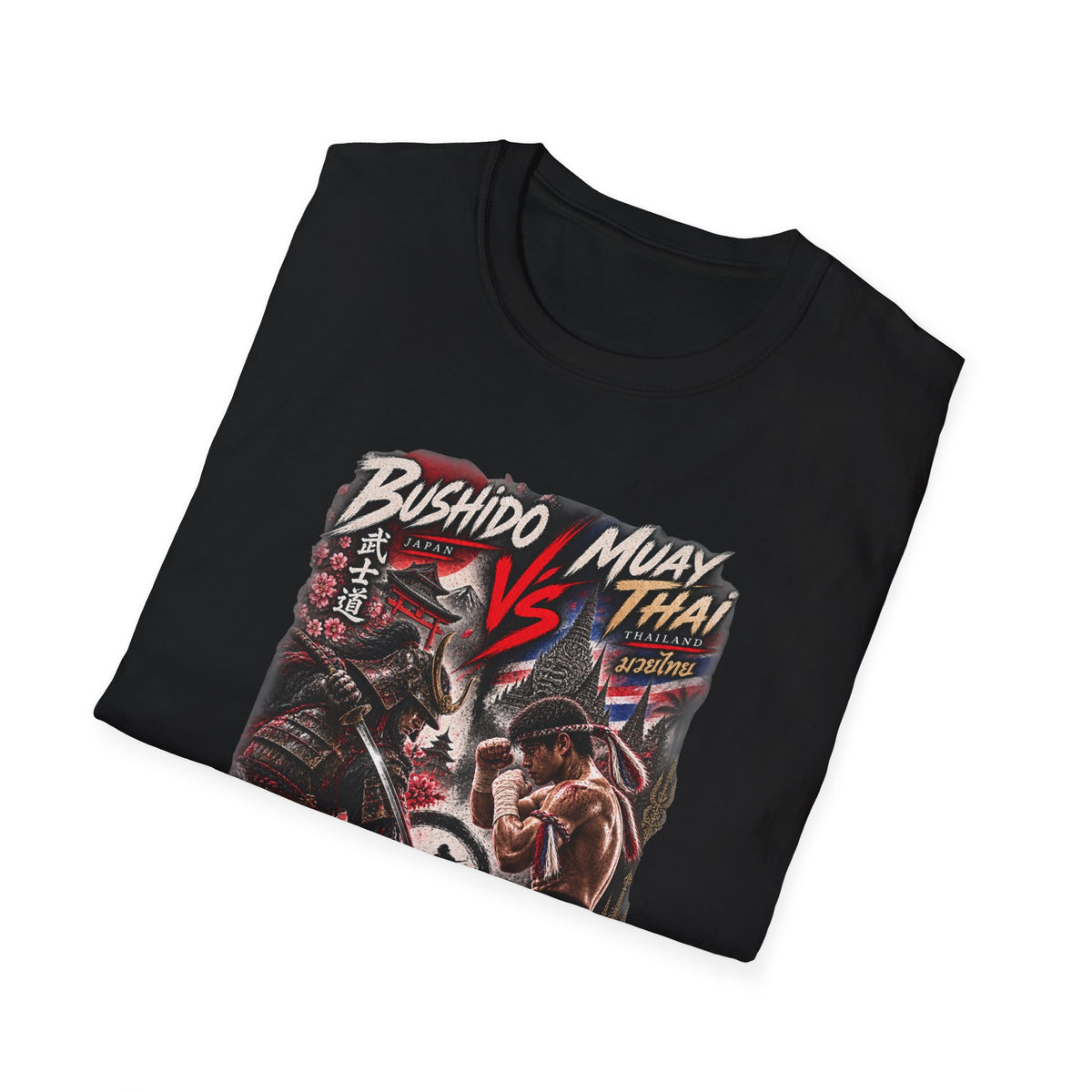 Bushido vs Muay Thai T-Shirt Detailansicht — Samurai gegen Muay-Thai-Kämpfer Print