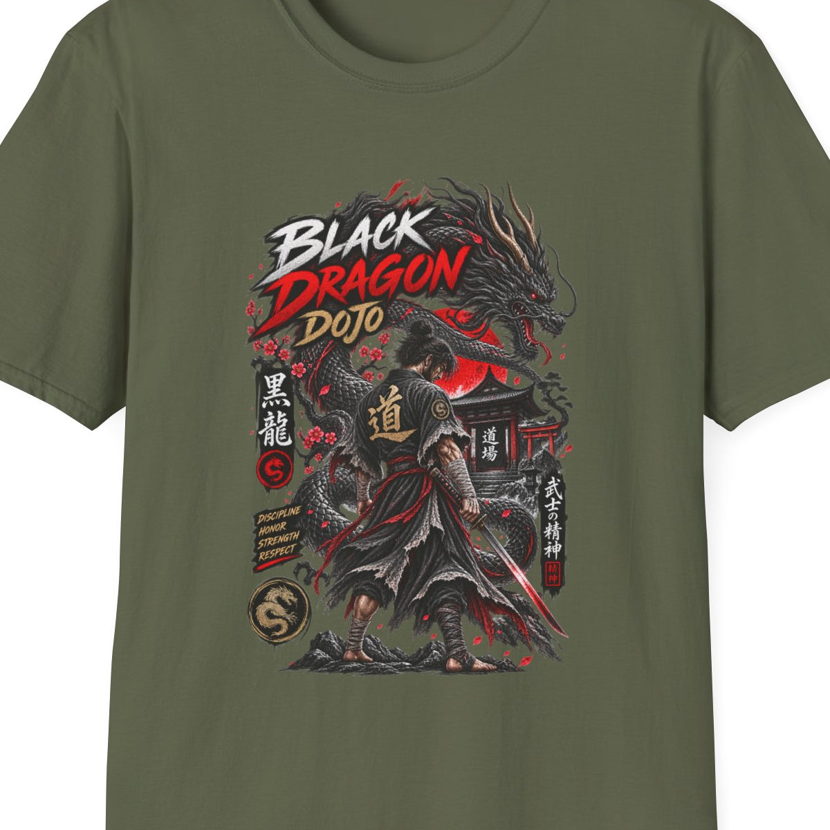 Black Dragon Dojo T-Shirt Military Green — Samurai Drache Japanese Streetwear Vorderansicht