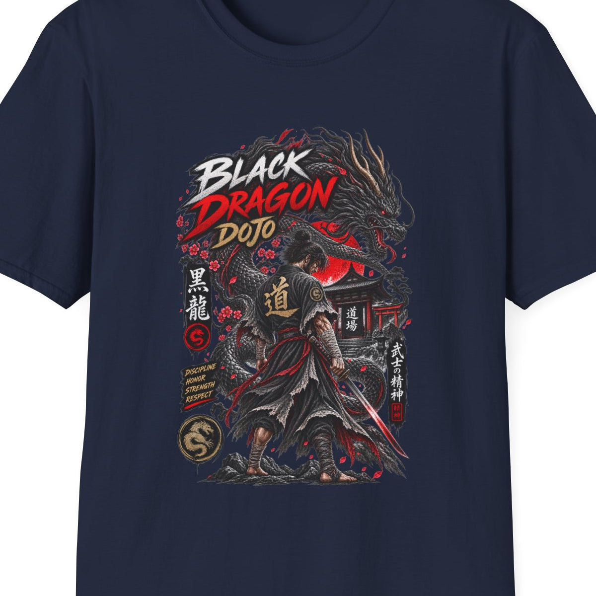 Black Dragon Dojo T-Shirt Navy — Samurai Drache Japanese Streetwear Vorderansicht