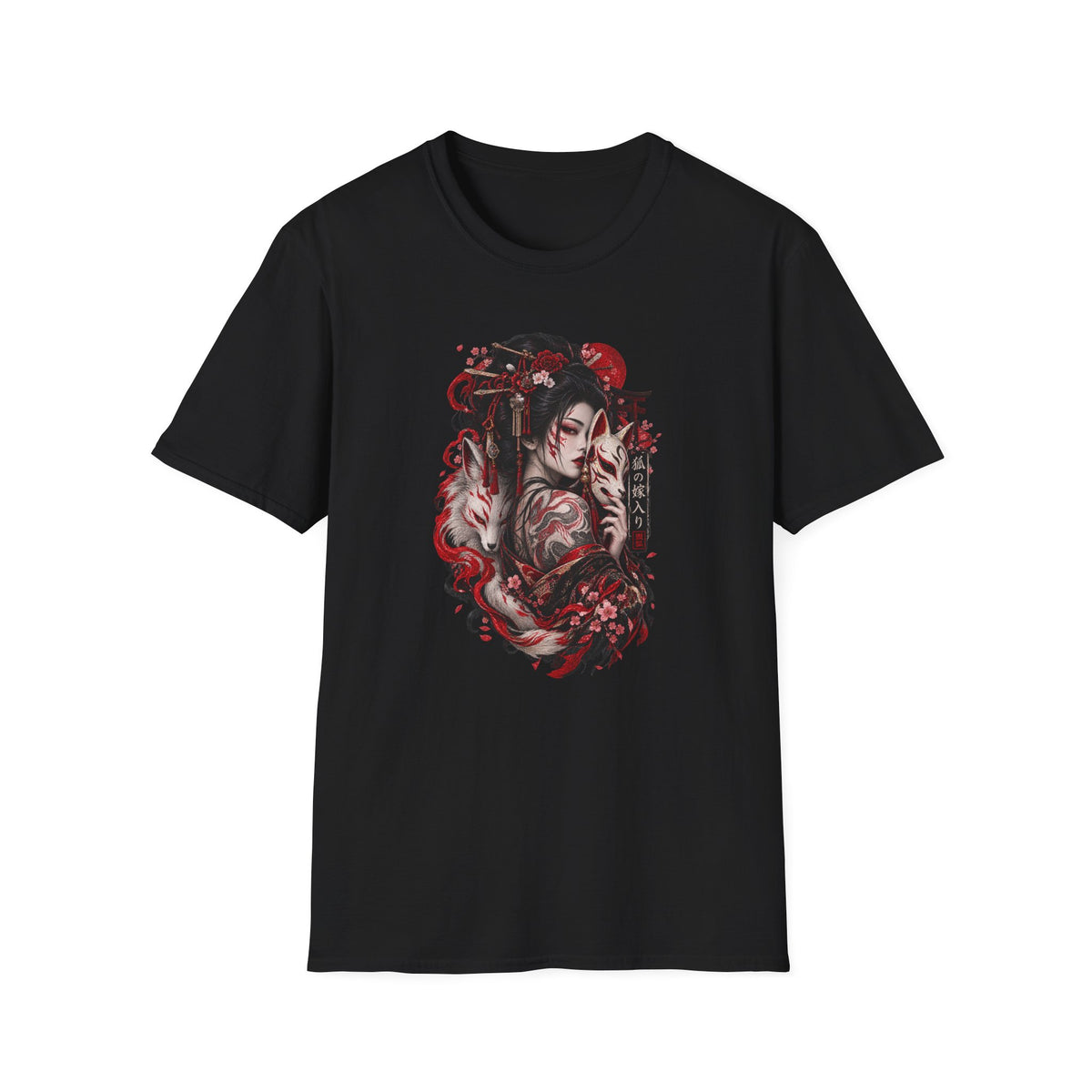 Geisha Kitsune T-Shirt Schwarz — Japanische Streetwear Vorderansicht