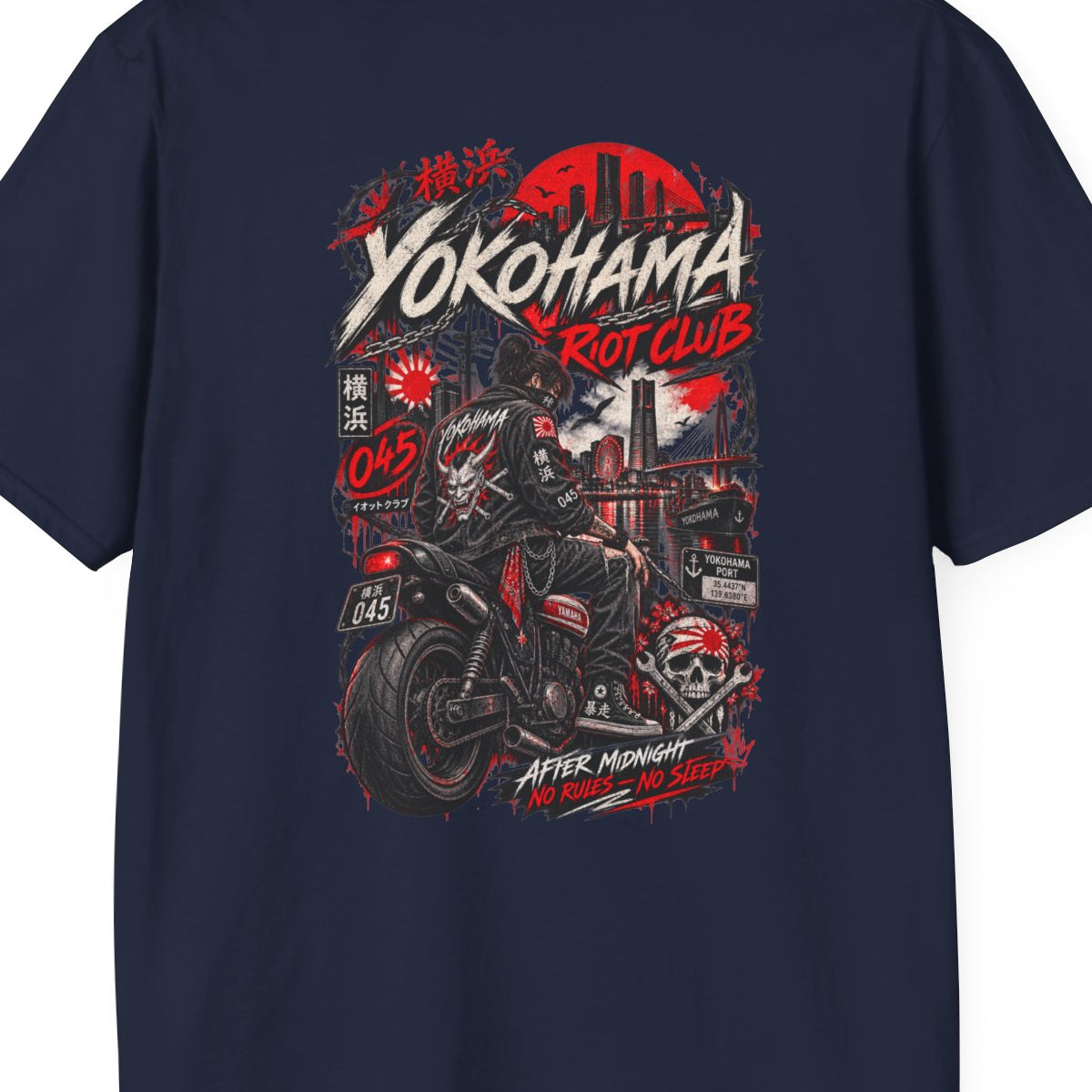 Yokohama Night Rider T-Shirt Navy — Japan Biker Streetwear Vorderansicht – Design Nahaufnahme