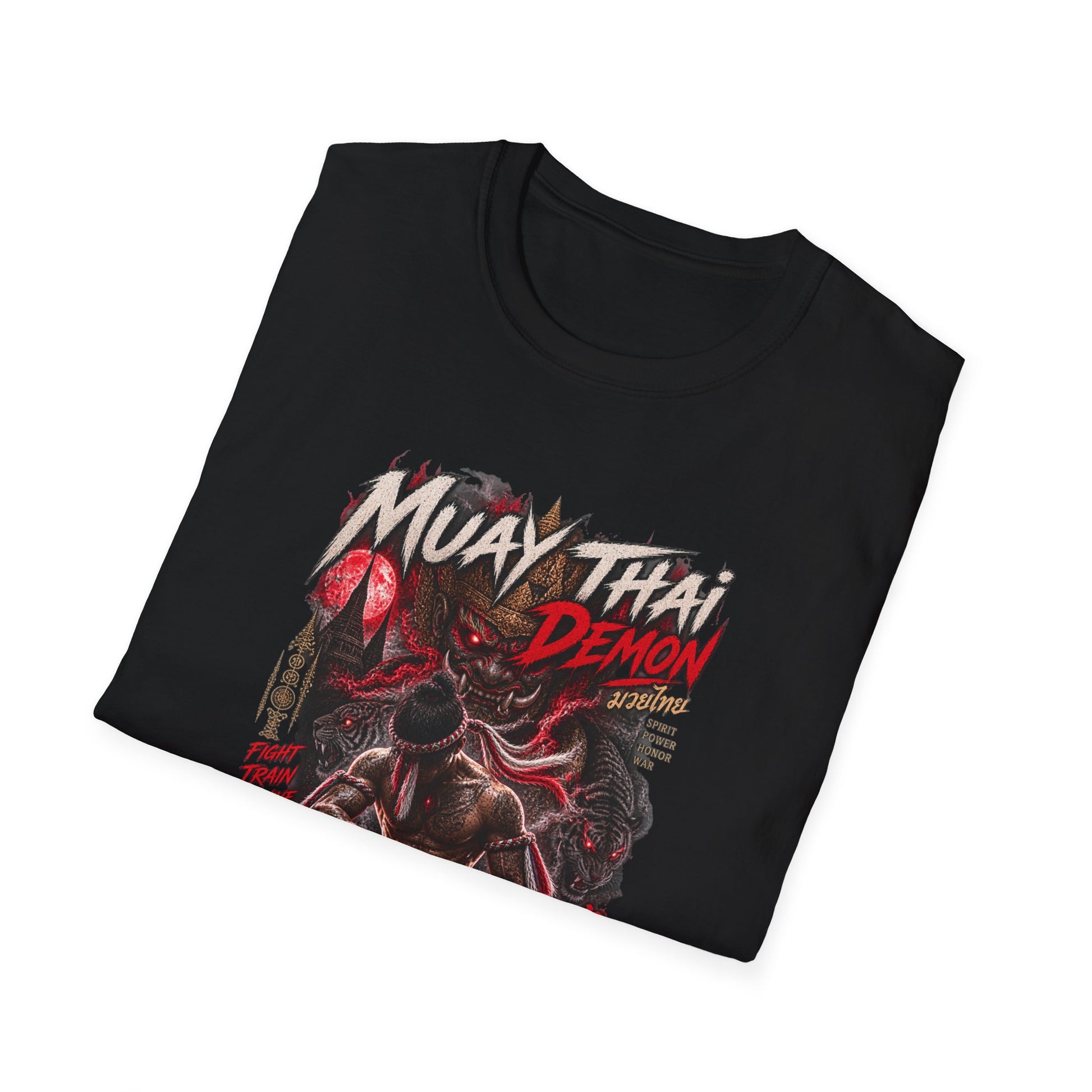 Muay Thai Demon T-Shirt Detail — Thai Dämon Grafik Nahaufnahme