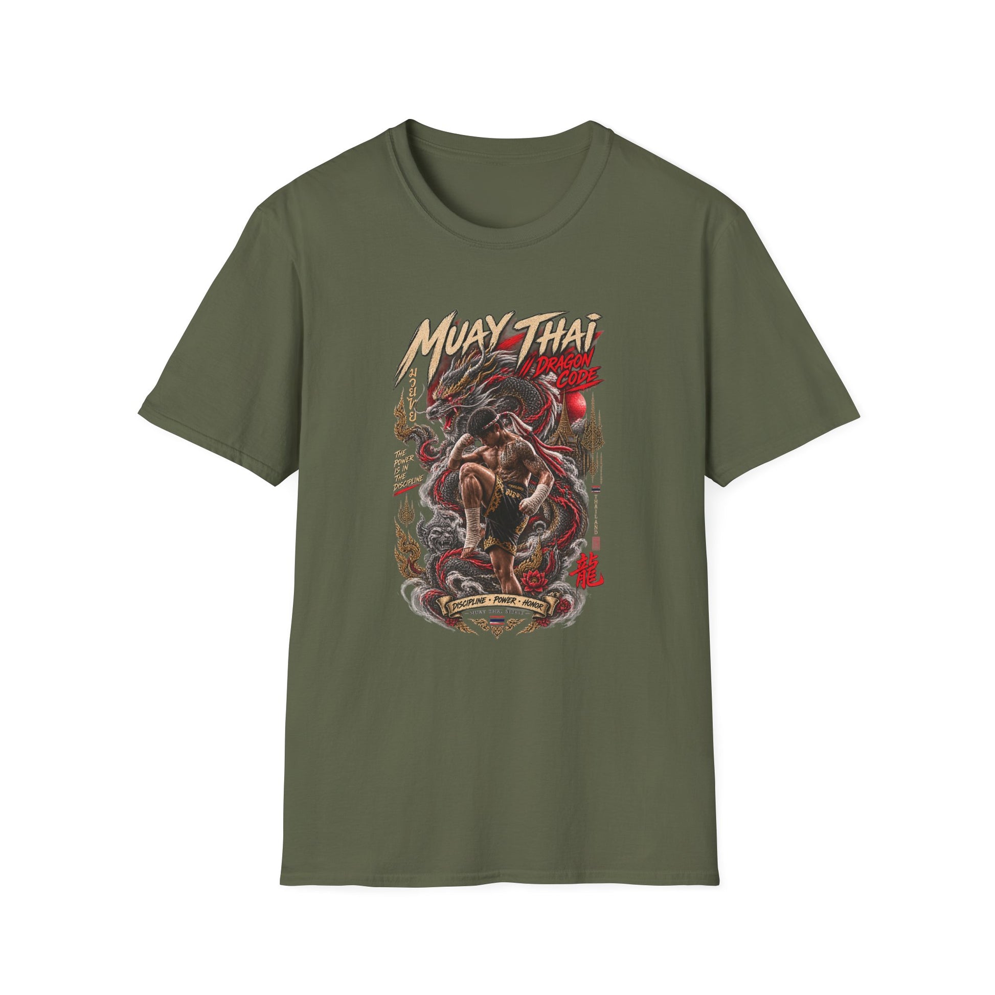 Muay Thai Dragon Code T-Shirt Military Green — Thai Streetwear Vorderansicht
