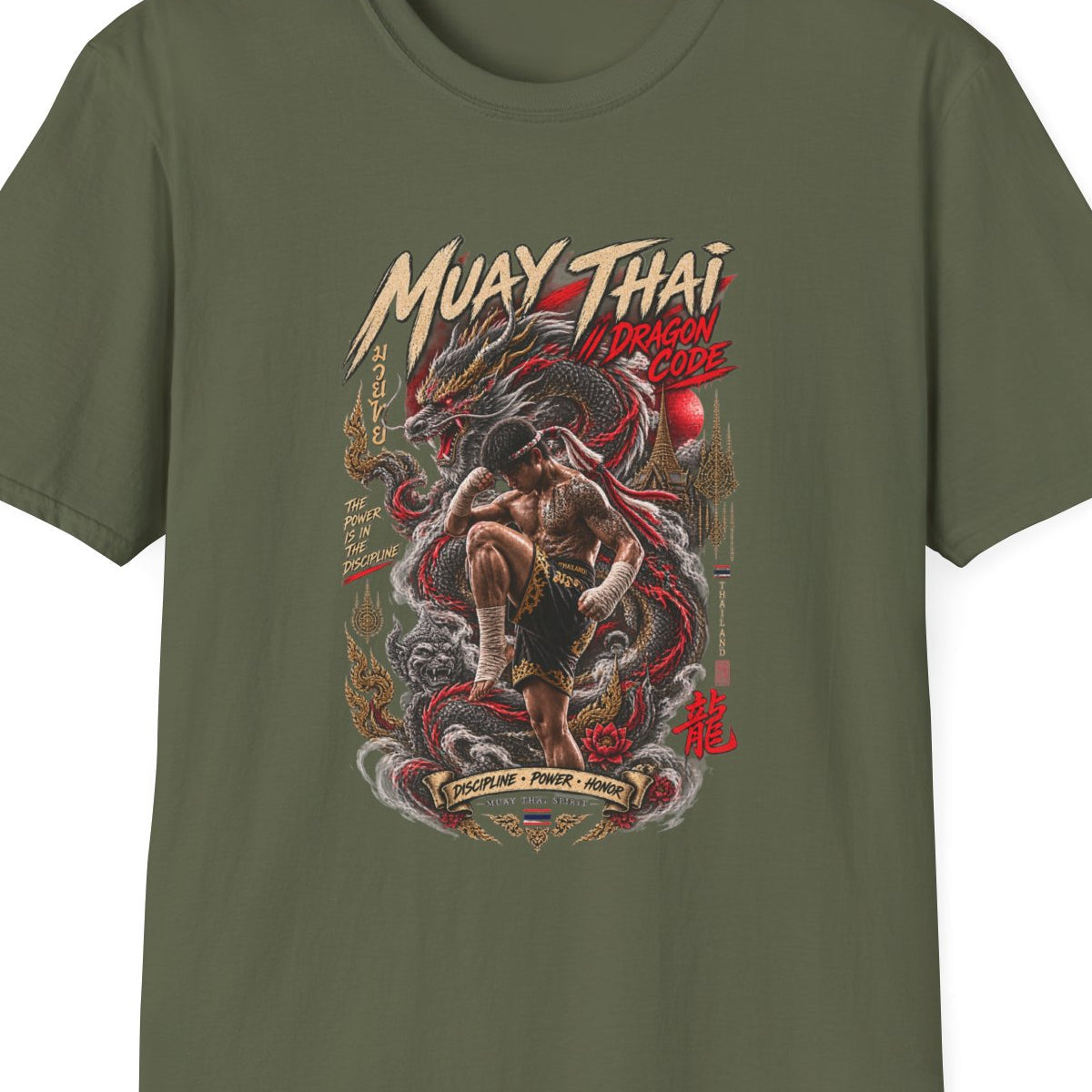 Muay Thai Dragon Code T-Shirt Military Green — Thai Boxing Drachen Kämpfer Streetwear Vorderansicht