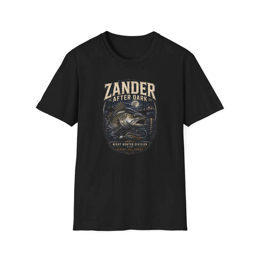 Zander After Dark T-Shirt schwarz — Angler Geschenk Nachtangler Graphic Tee