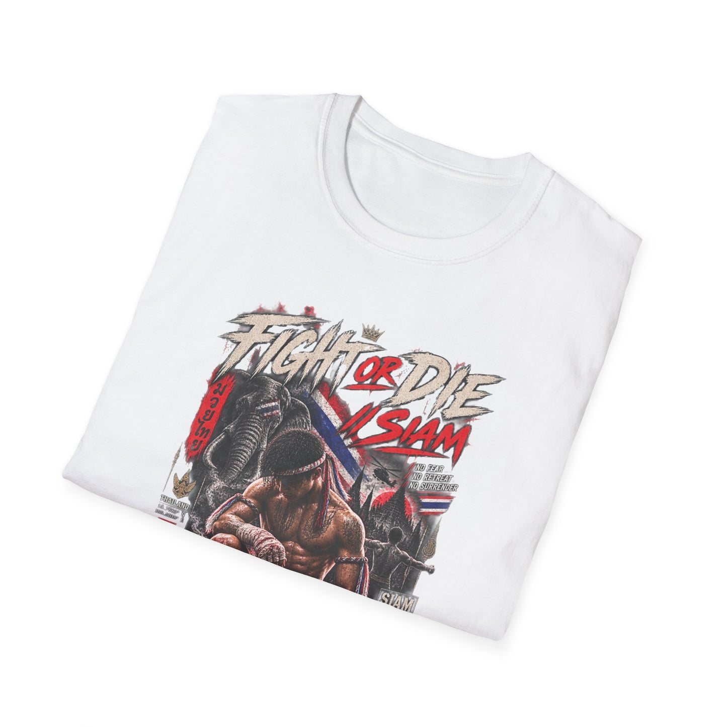 Fight or Die Muay Thai T-Shirt Design Nahaufnahme — Siam Boxer Print Detail