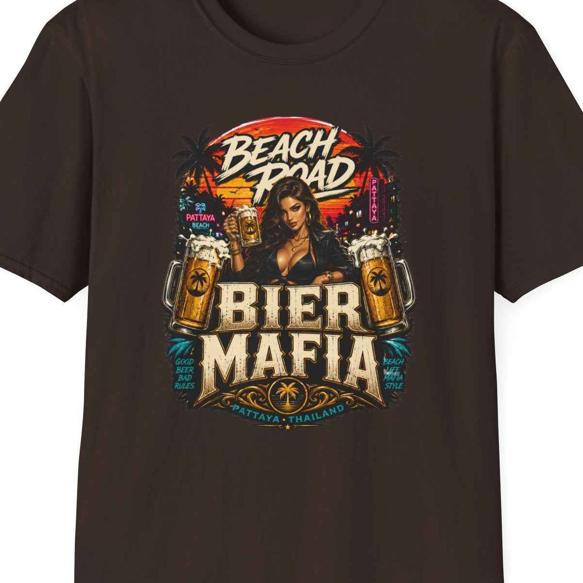 Beach Road Bier Mafia T-Shirt Dark Chocolate Pattaya Streetwear Unisex – Design Nahaufnahme