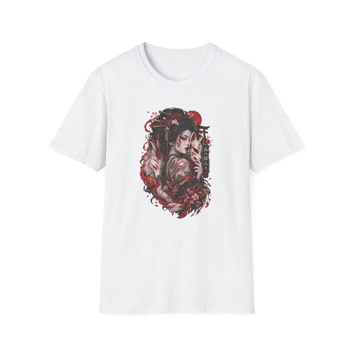 Geisha Kitsune T-Shirt Weiß — Japanischer Fuchsgeist Streetwear Geschenk