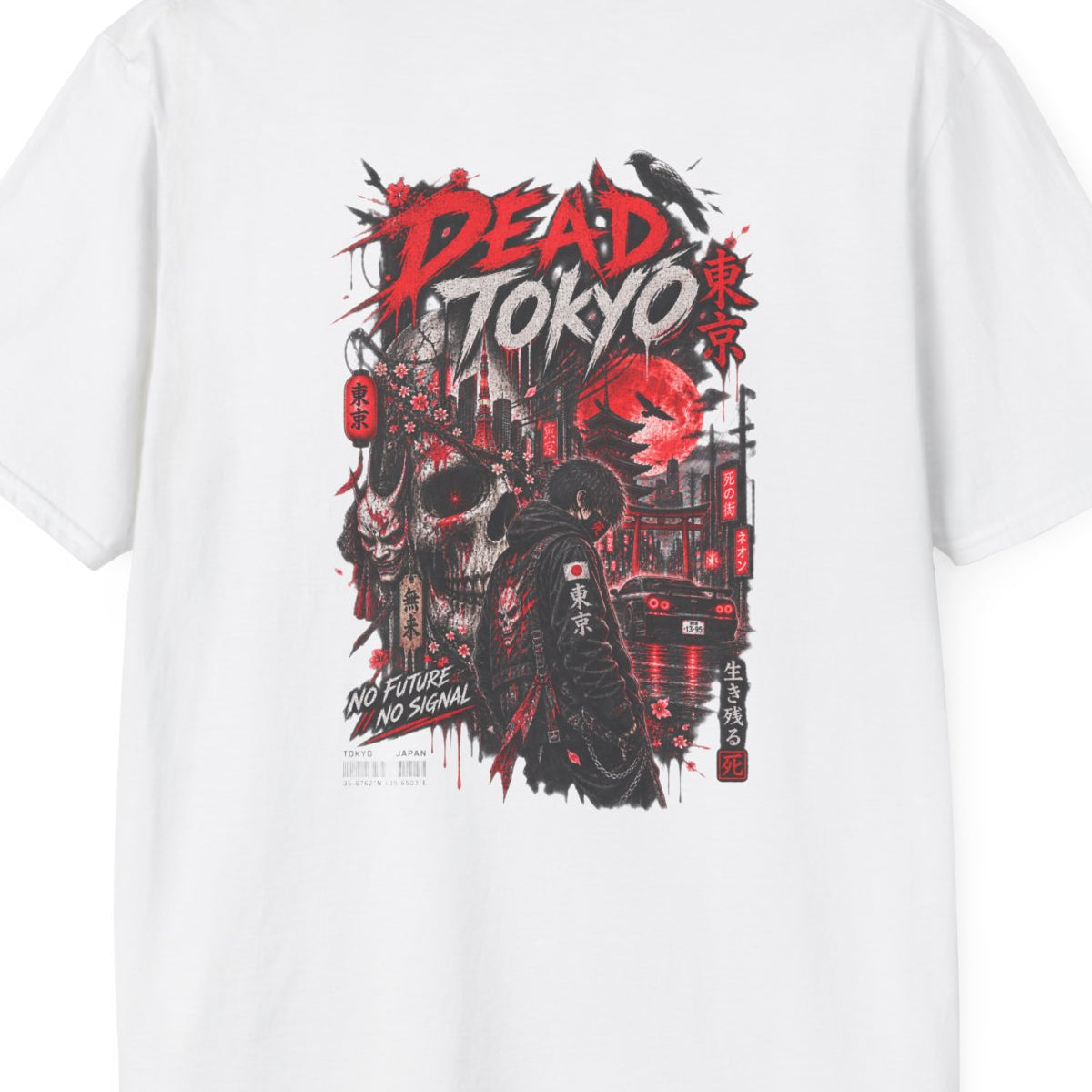 Dead Tokyo T-Shirt weiss — Totenkopf Graphic Tee Japanese Streetwear Geschenk – Design Nahaufnahme