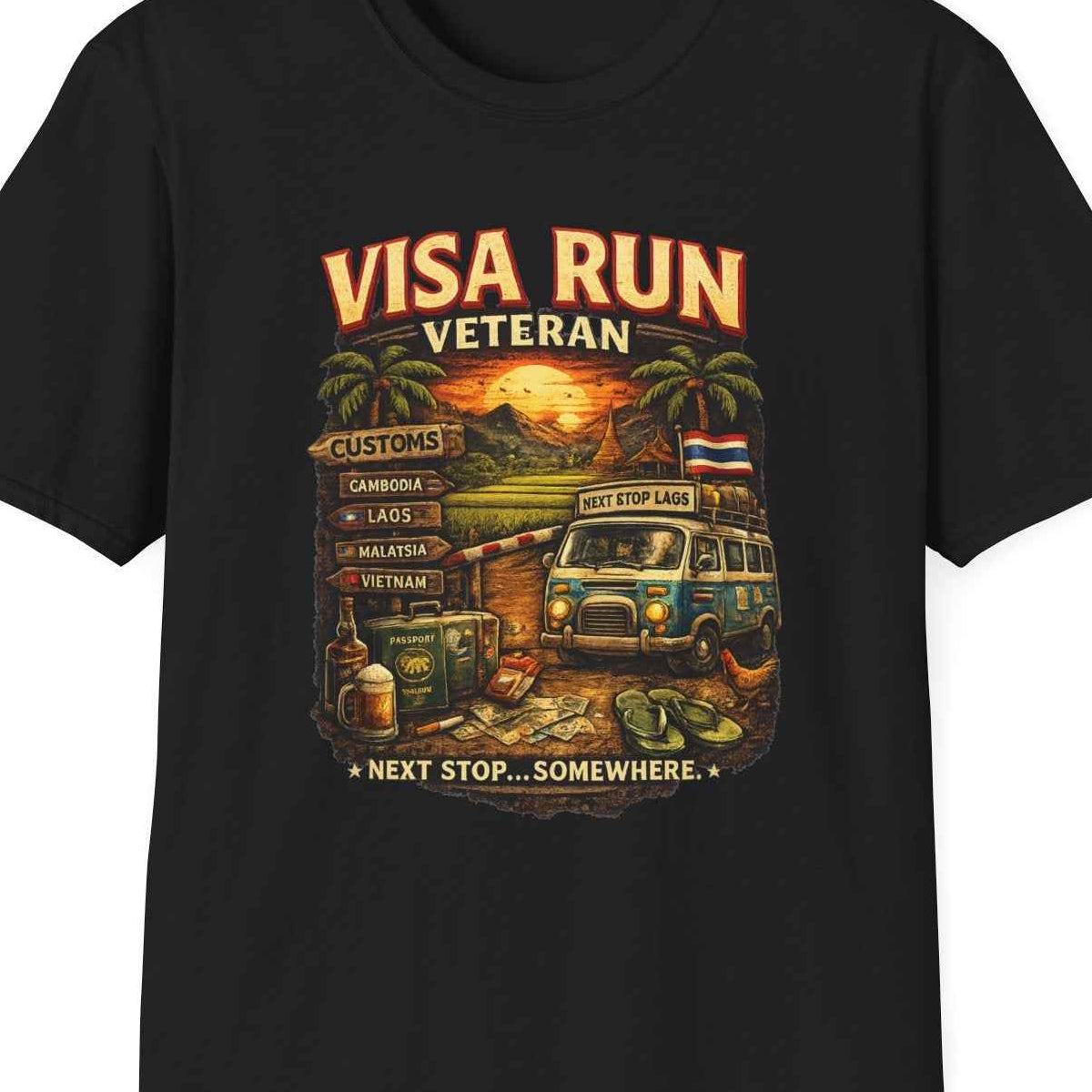 Visa Run Veteran T-Shirt schwarz Funny Expat Backpacker Travel Graphic Tee – Design Nahaufnahme