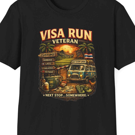 Visa Run Veteran T-Shirt schwarz Funny Expat Backpacker Travel Graphic Tee – Design Nahaufnahme