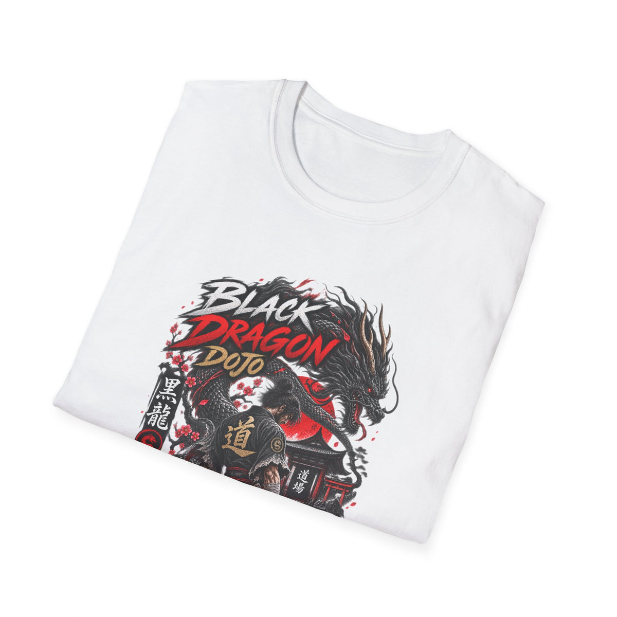 Black Dragon Dojo T-Shirt weiß gefaltet — Samurai Drache Streetwear Detail