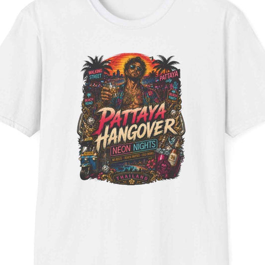 Pattaya Hangover T-Shirt weiß Thailand Neon Nights Graphic Tee Vorderansicht – Design Nahaufnahme