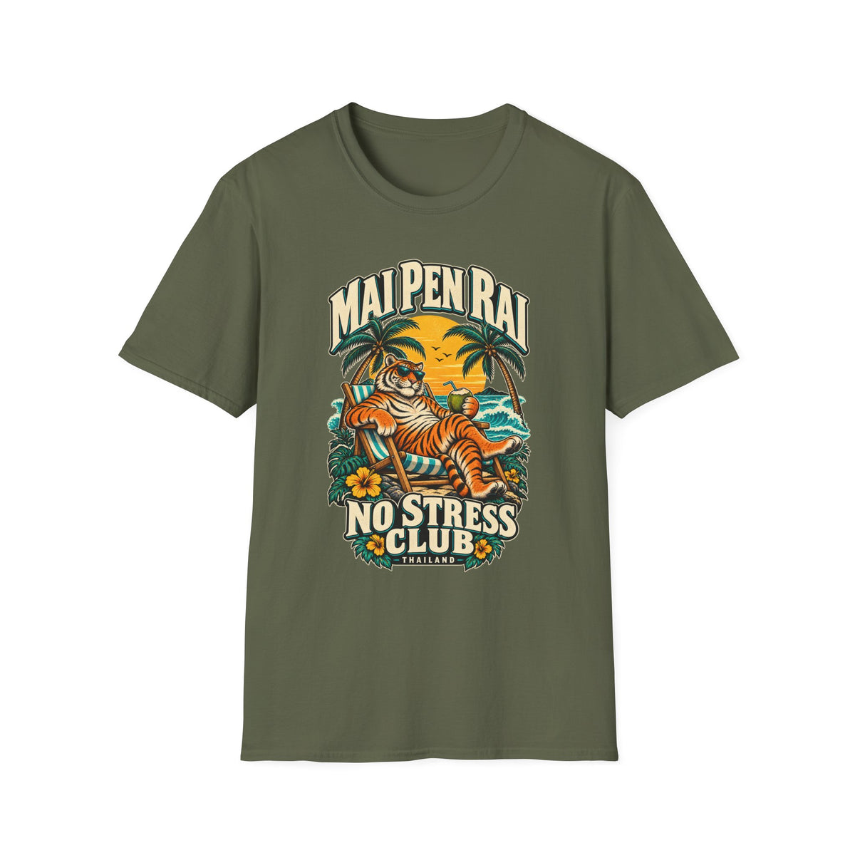Mai Pen Rai T-Shirt — No Stress Club Tiger Vorderansicht Farbvariante