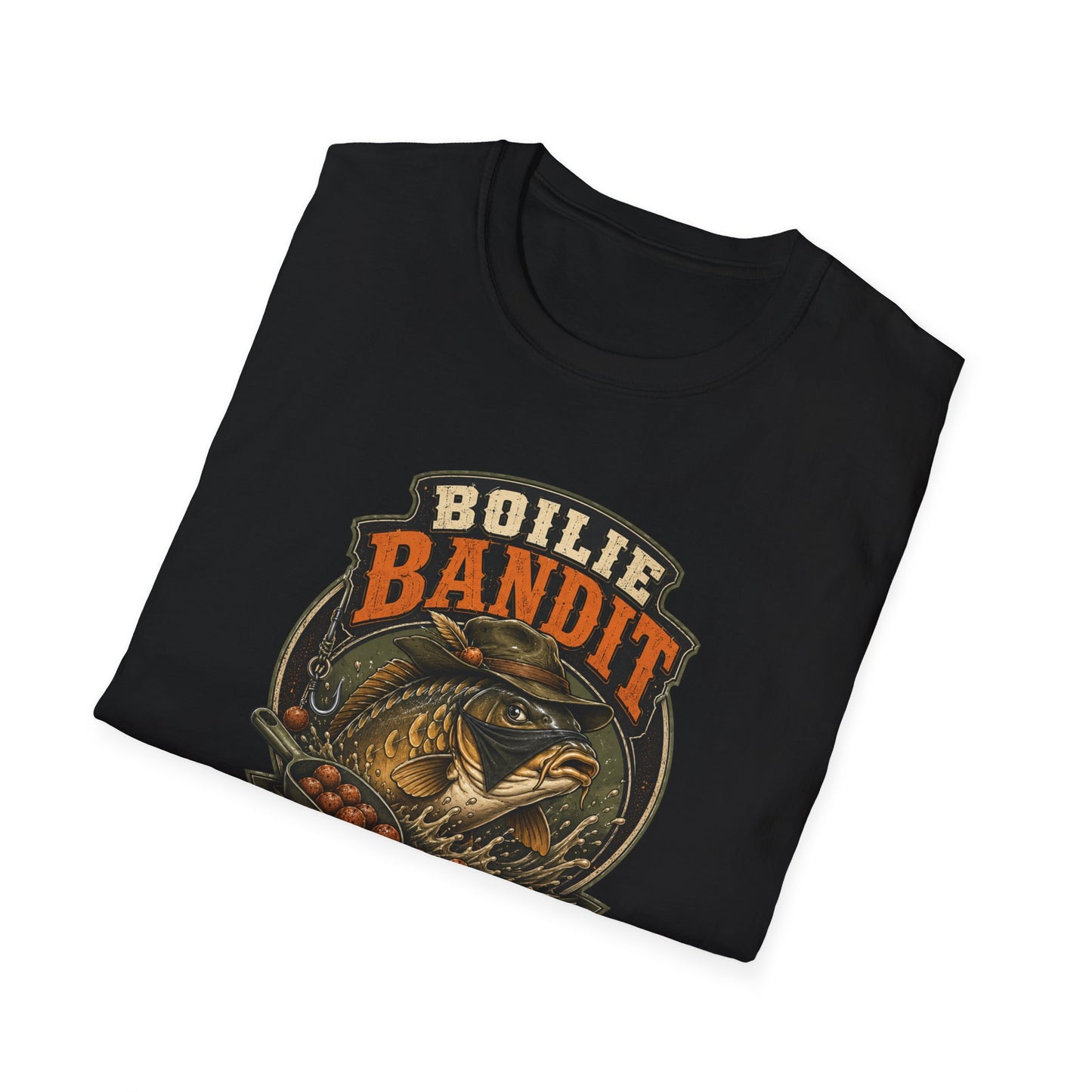 Boilie Bandit Angler T-Shirt Schwarz gefaltet Karpfenangeln Design Detail