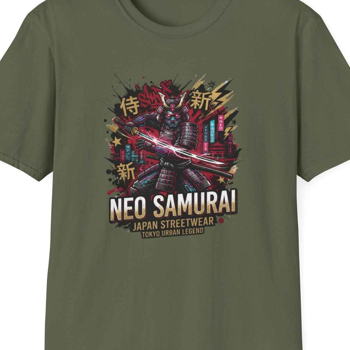 Neo Samurai T-Shirt military green Katana Cyberpunk Streetwear Graphic Tee – Design Nahaufnahme