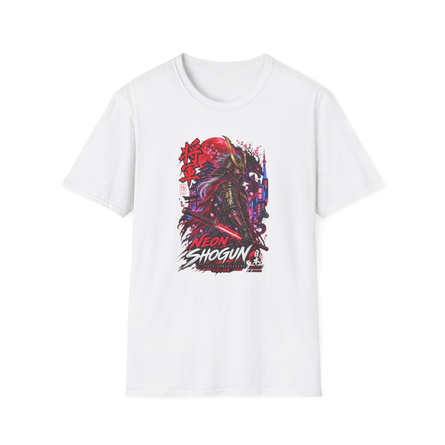 Neon Shogun T-Shirt weiß – Cyberpunk Samurai Graphic Tee Japanese Streetwear