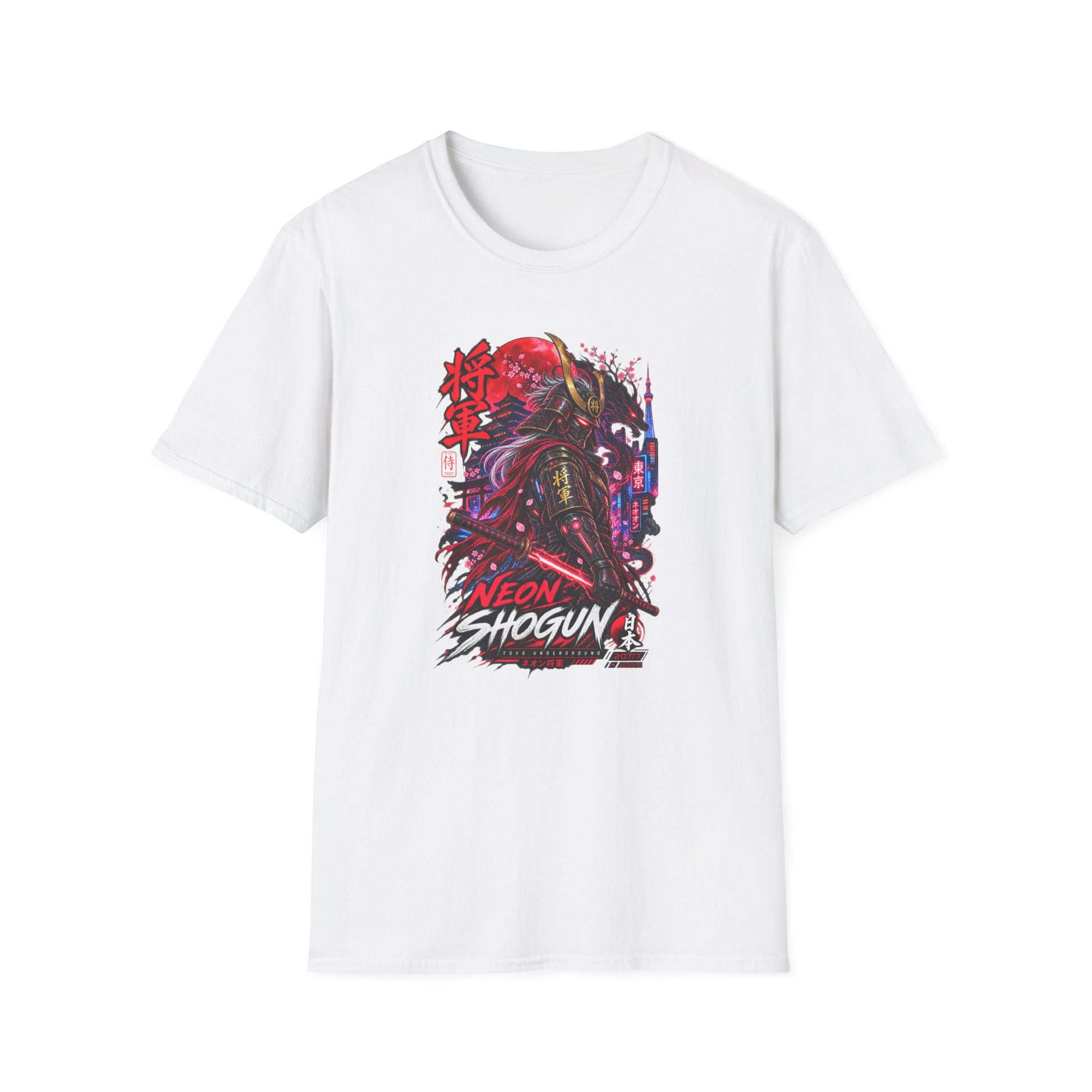 Neon Shogun T-Shirt weiß – Cyberpunk Samurai Graphic Tee Japanese Streetwear