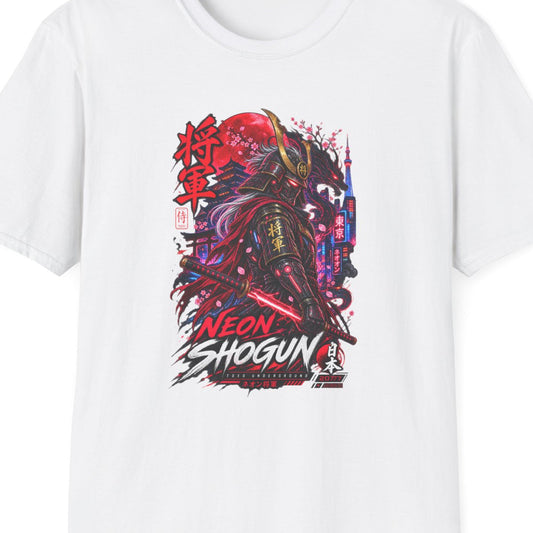 Neon Shogun T-Shirt weiß – Cyberpunk Samurai Graphic Tee Japanese Streetwear – Design Nahaufnahme