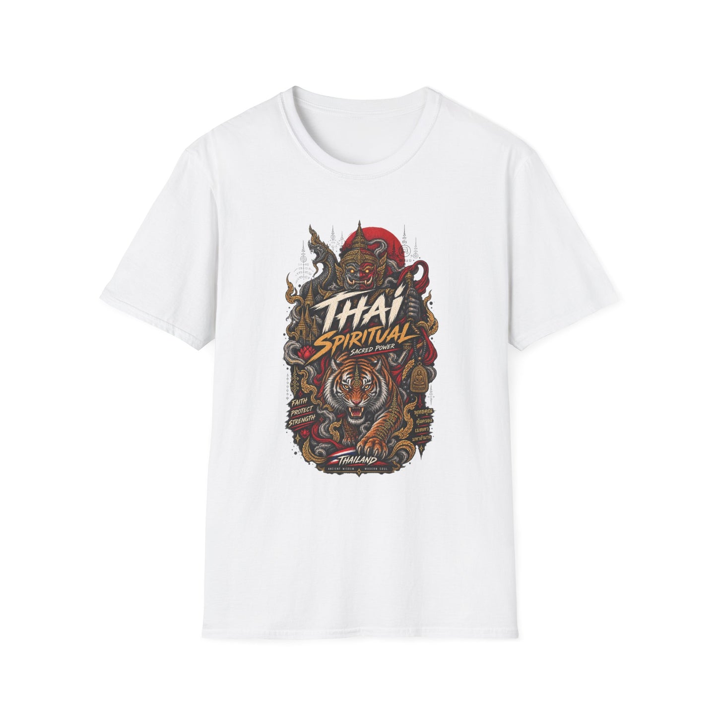 Thai Spiritual T-Shirt weiß - Guardian Tiger Graphic Tee Geschenk