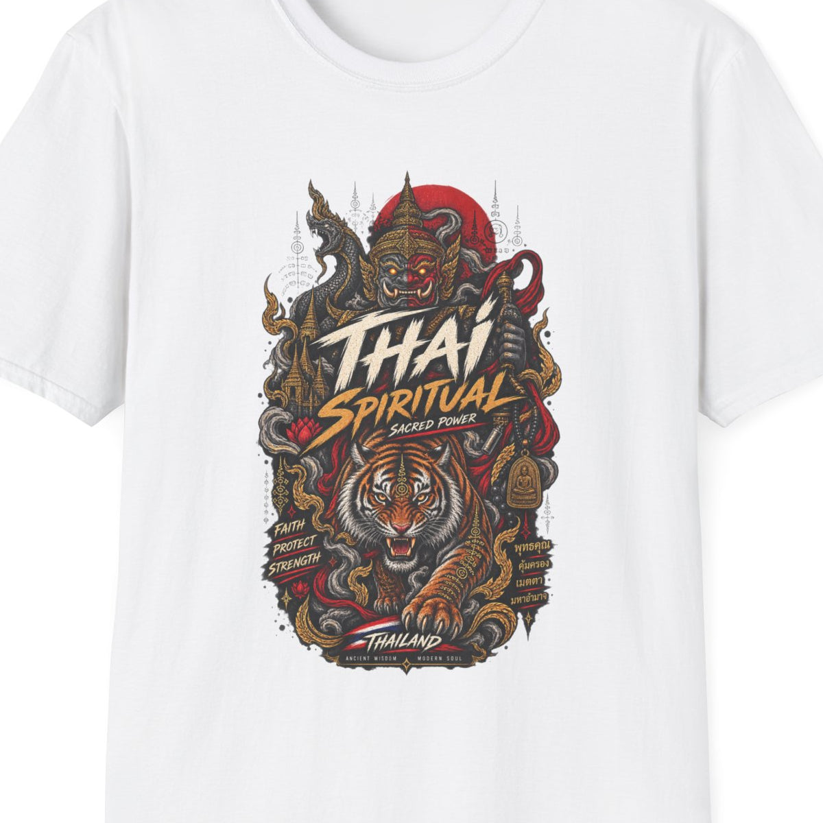 Thai Spiritual T-Shirt weiß - Guardian Tiger Graphic Tee Geschenk – Design Nahaufnahme
